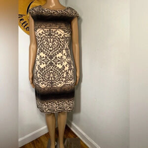 Maggy London 8, sleeveless midi dress geometric pattern, fully lined, side zip.